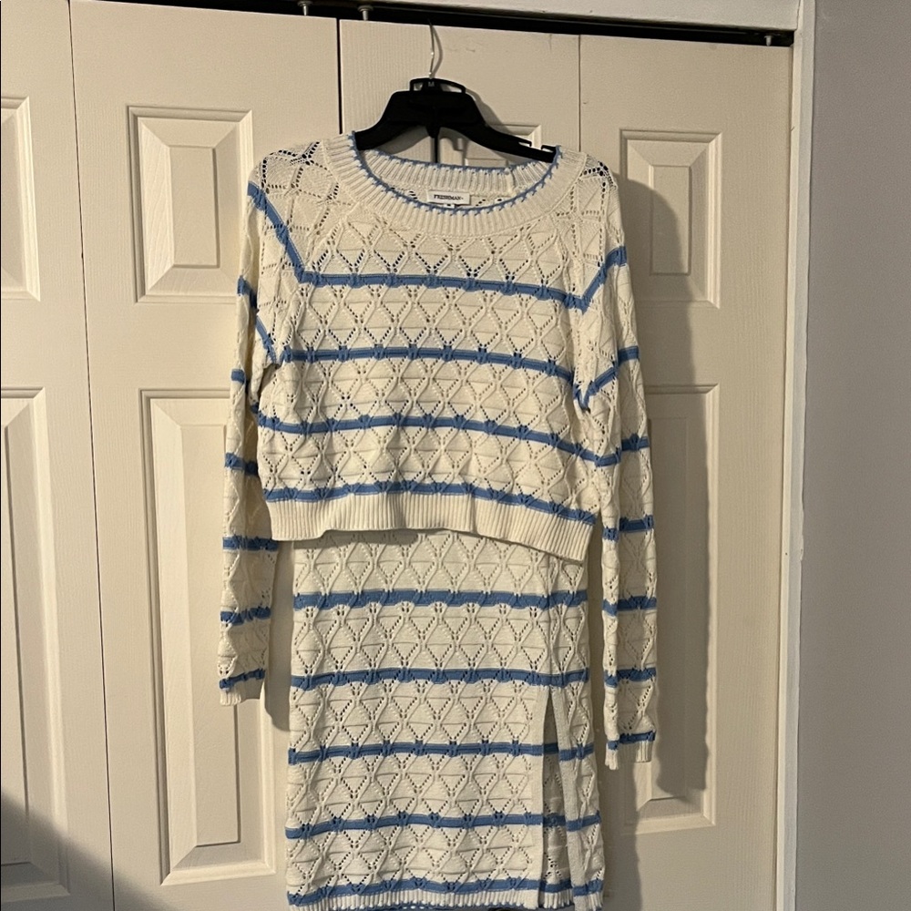 Freshman Cream Openwork Sweater with Pale Blue Trim